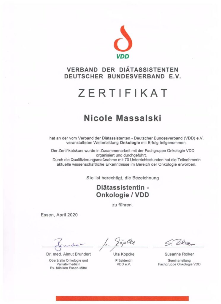 Zertifikat "Diätassistentin Onkologie" Nicole Massalski